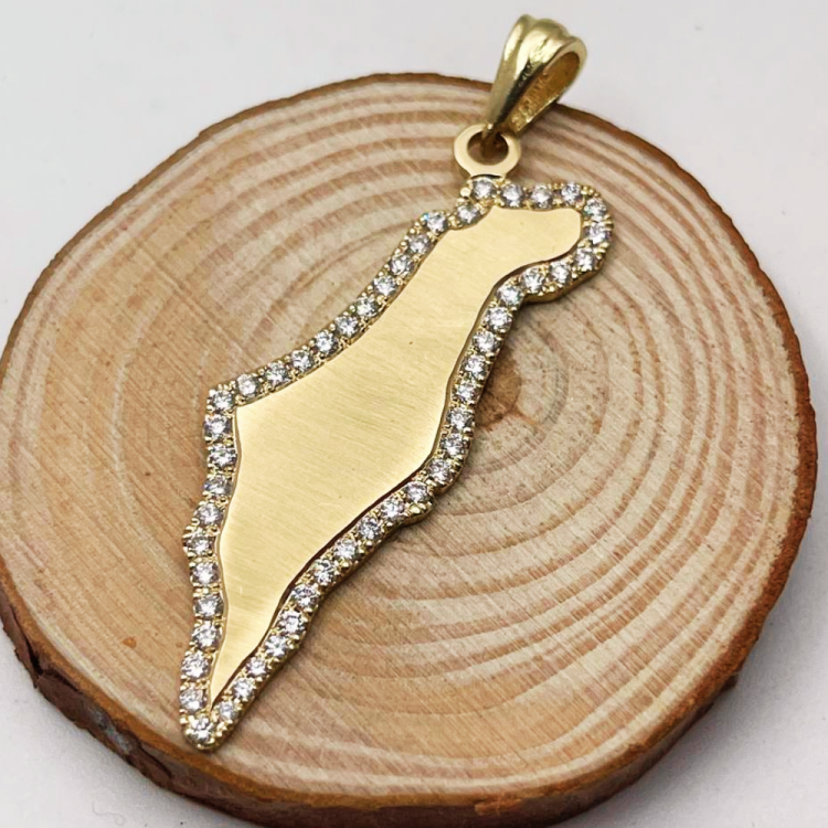 Diamond Map of Israel Am Israel Chai Pendant in 14K Gold