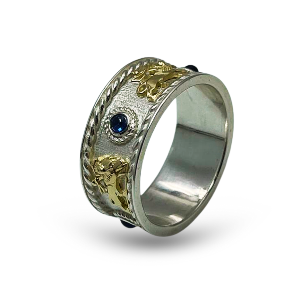 Lion of Judah Ring with Blue Sapphires in 14K Gold & Sterling Silver
