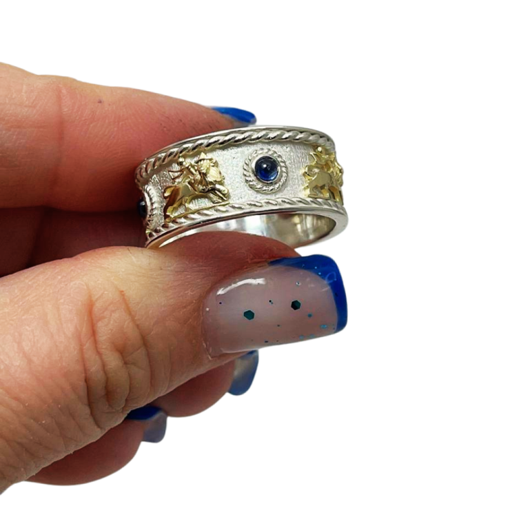 Lion of Judah Ring with Blue Sapphires in 14K Gold & Sterling Silver