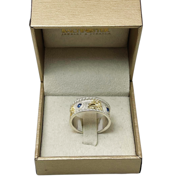 Lion of Judah Ring with Blue Sapphires in 14K Gold & Sterling Silver