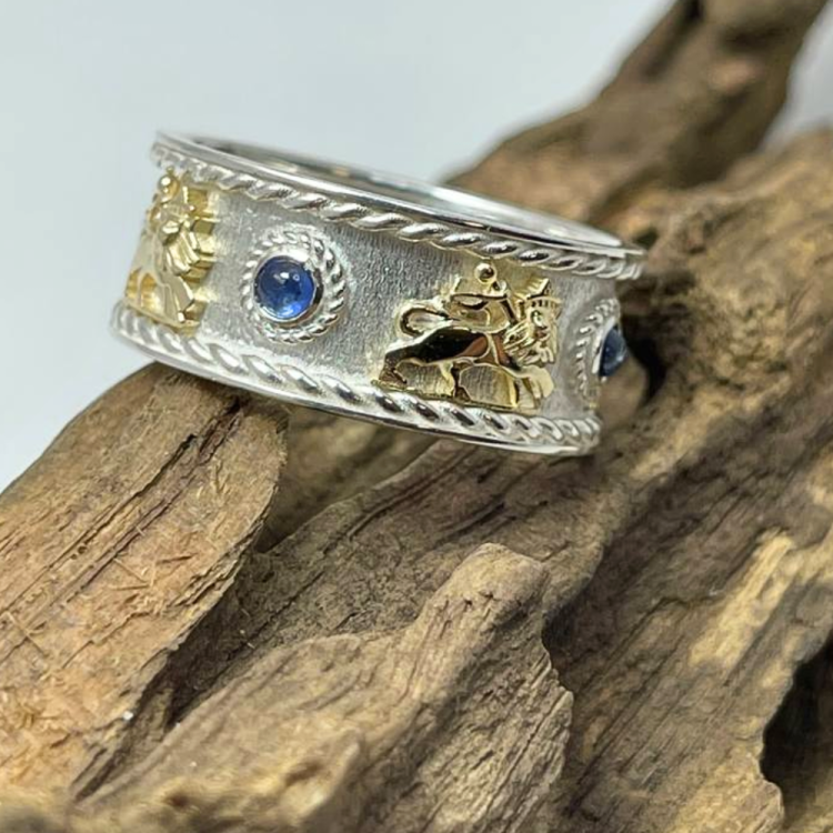 Lion of Judah Ring with Blue Sapphires in 14K Gold & Sterling Silver