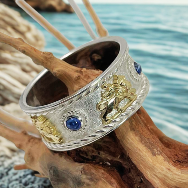 Lion of Judah Ring with Blue Sapphires in 14K Gold & Sterling Silver