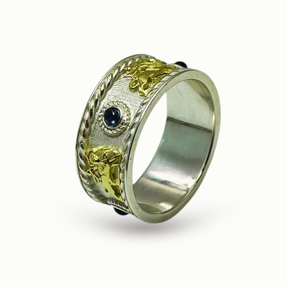 Lion of Zion Ring with Blue Sapphires in 14K Gold & Sterling Silver