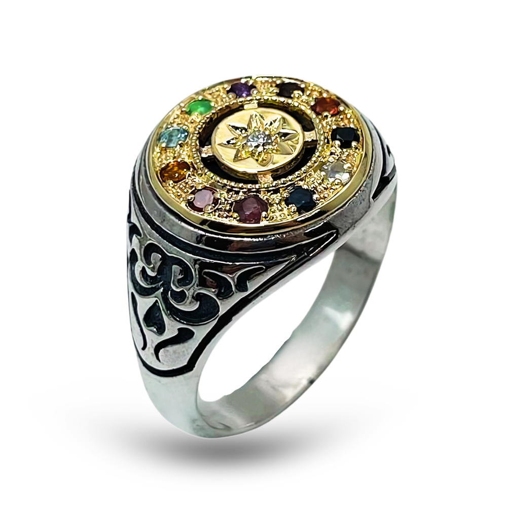 Hoshen & Star of David Round Signet Ring in 14K Gold & 925 Silver with Natural Gemstones