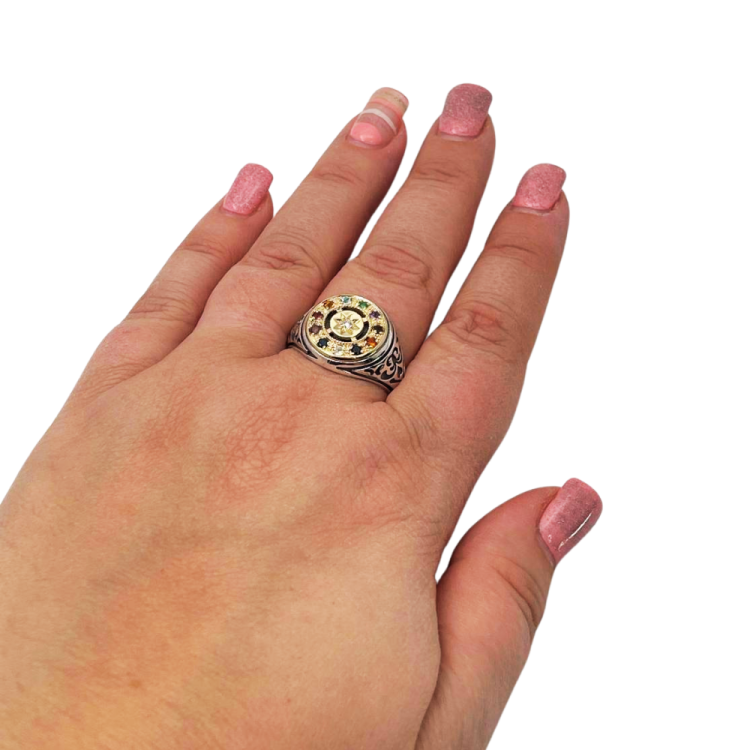 Hoshen Round Signet Ring in 14K Gold & 925 Silver with Natural Gemstones