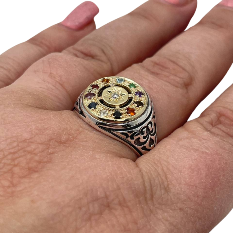 Hoshen Round Signet Ring in 14K Gold & 925 Silver with Natural Gemstones
