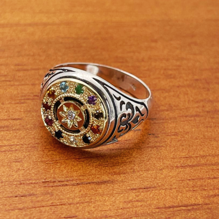 Hoshen Round Signet Ring in 14K Gold & 925 Silver with Natural Gemstones