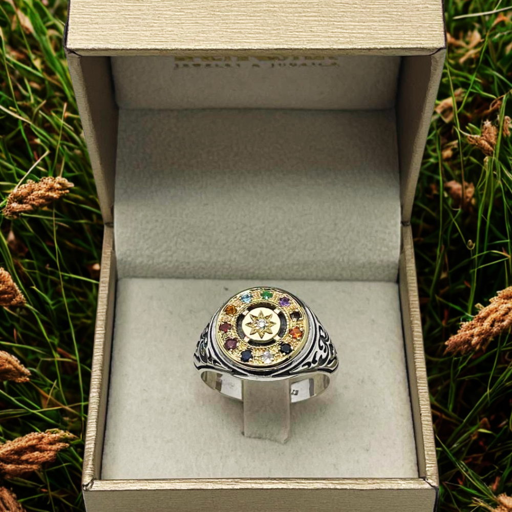 Hoshen Round Signet Ring in 14K Gold & 925 Silver with Natural Gemstones