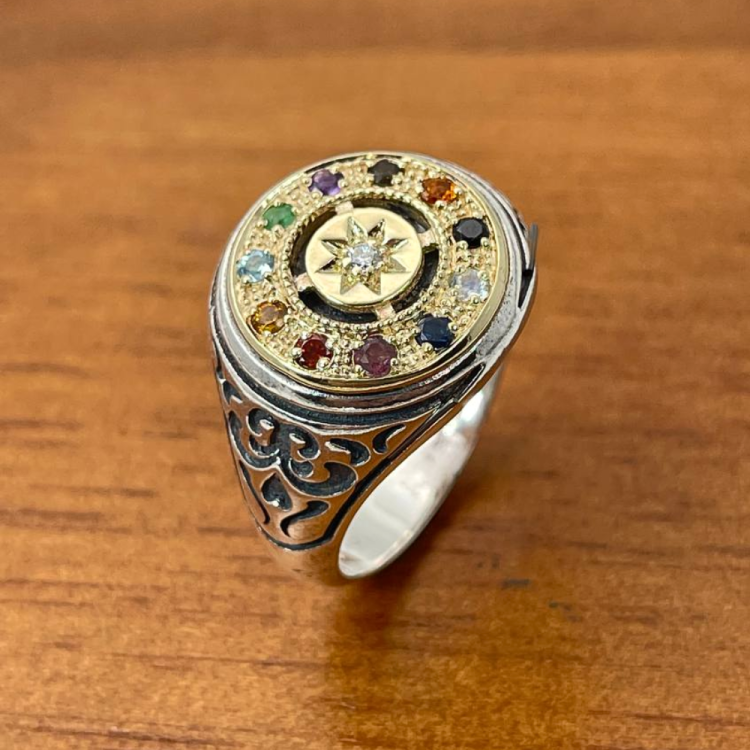 Hoshen Round Signet Ring in 14K Gold & 925 Silver with Natural Gemstones