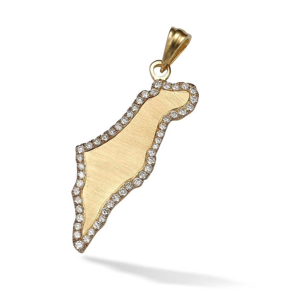 Diamond Map of Israel Am Israel Chai Pendant in 14K Gold