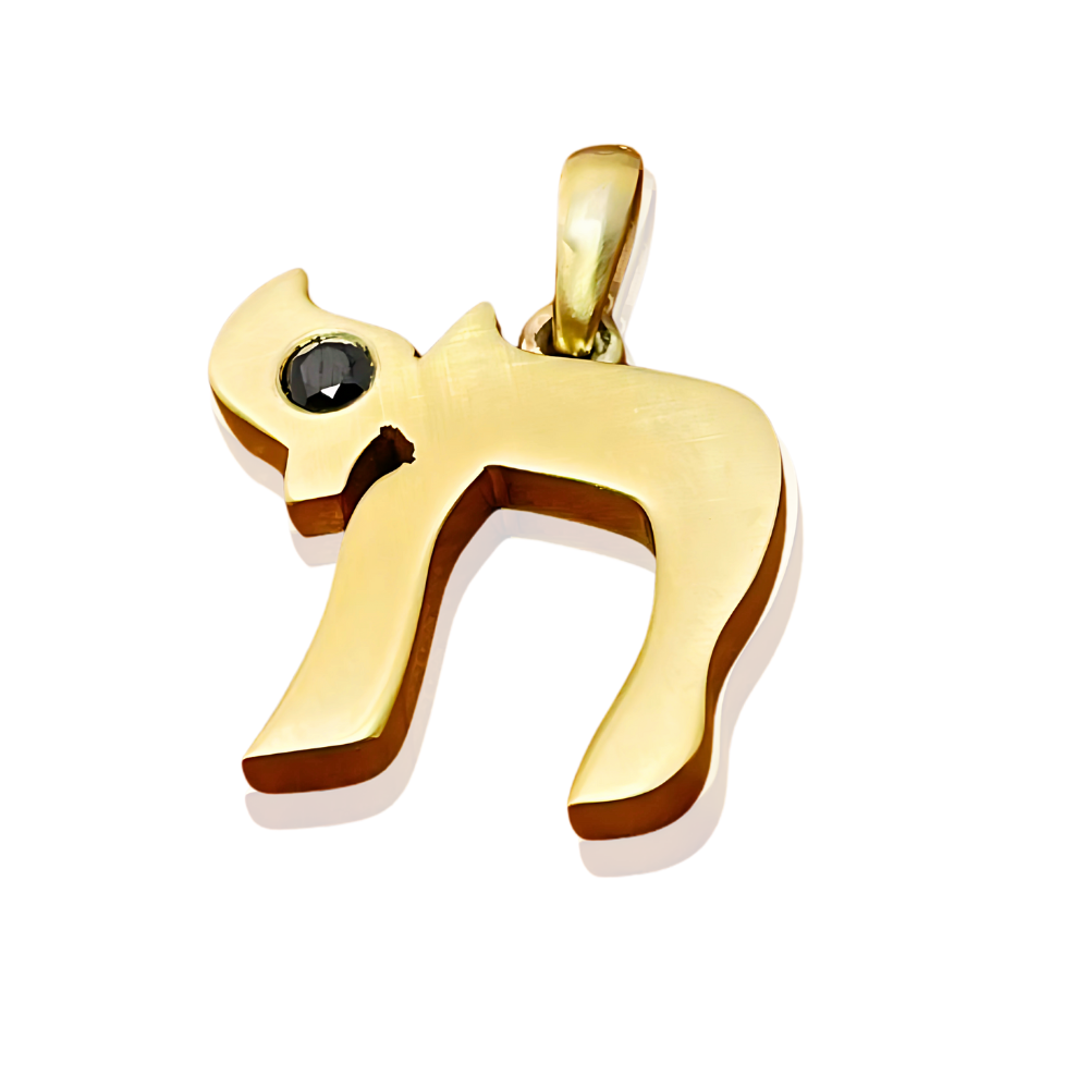 Chai Pendant in 14K Solid Gold with Black Diamond 0.27 CT