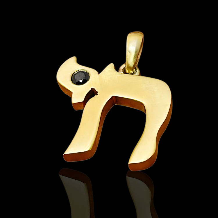 Chai Pendant in 14K Solid Gold with Black Diamond 0.27 CT