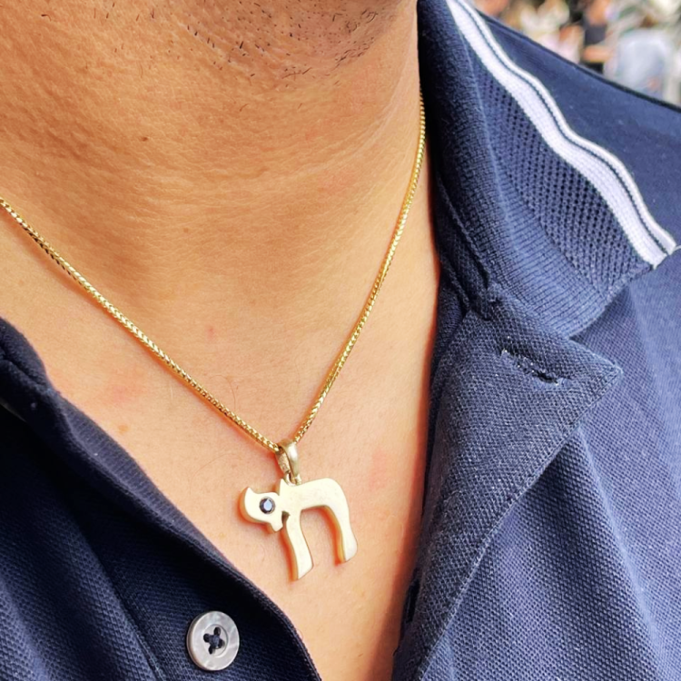 Chai Pendant in 14K Solid Gold with Black Diamond 0.27 CT