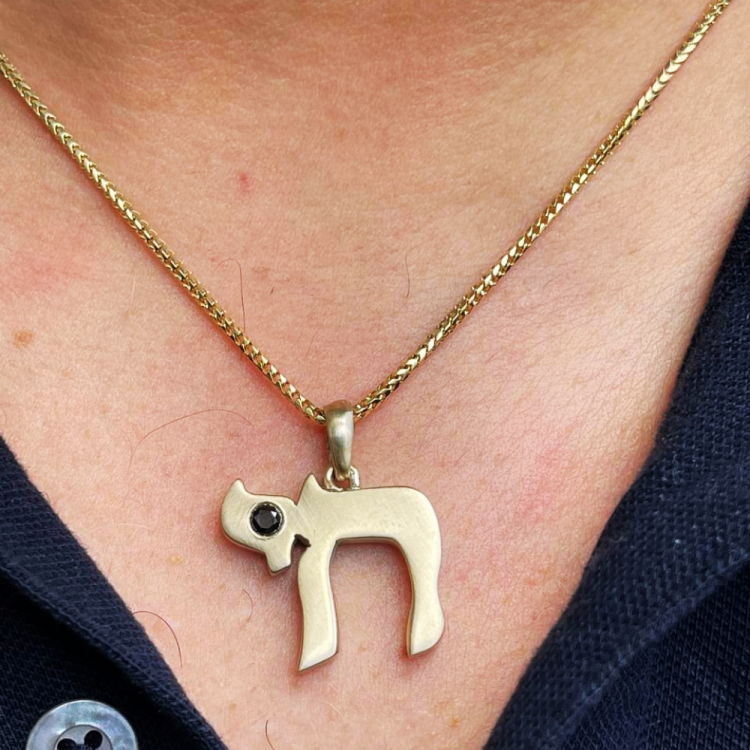 Chai Pendant in 14K Solid Gold with Black Diamond 0.27 CT