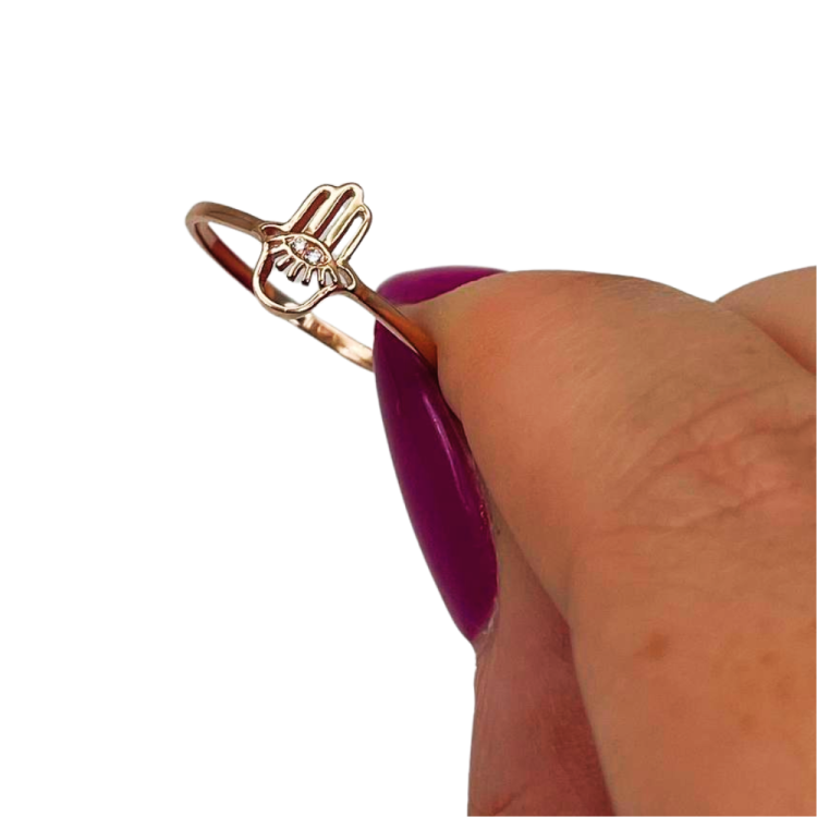 Hamsa Evil Eye Minimalist Ring with Diamonds in 14K Gold