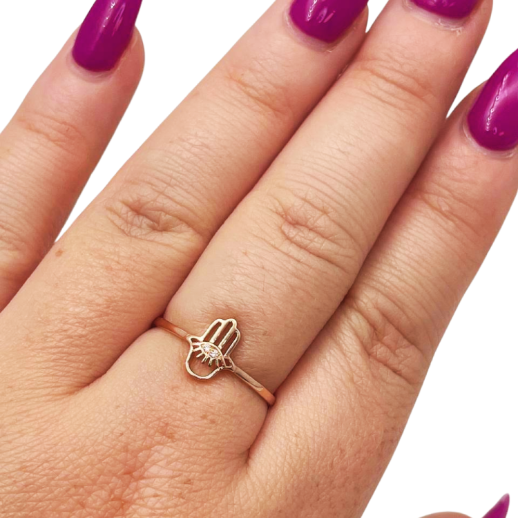 Hamsa Evil Eye Minimalist Ring with Diamonds in 14K Gold