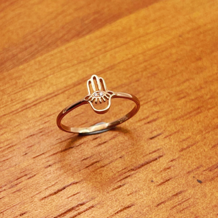 Hamsa Evil Eye Minimalist Ring with Diamonds in 14K Gold