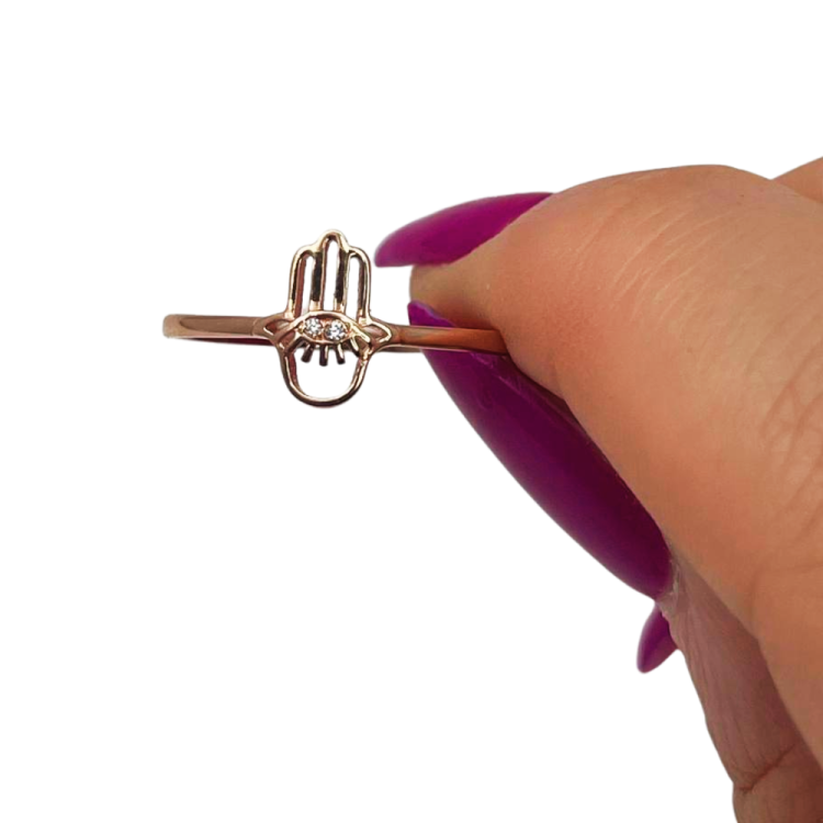 Hamsa Evil Eye Minimalist Ring with Diamonds in 14K Gold
