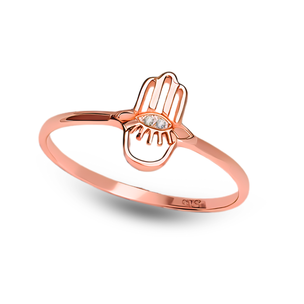 Hamsa and Evil Eye Ring with Diamonds in 14K Rose Gold, Protection Ring, Ward off Negative Energy, Hand of God, Modern Jewelry from Israel
