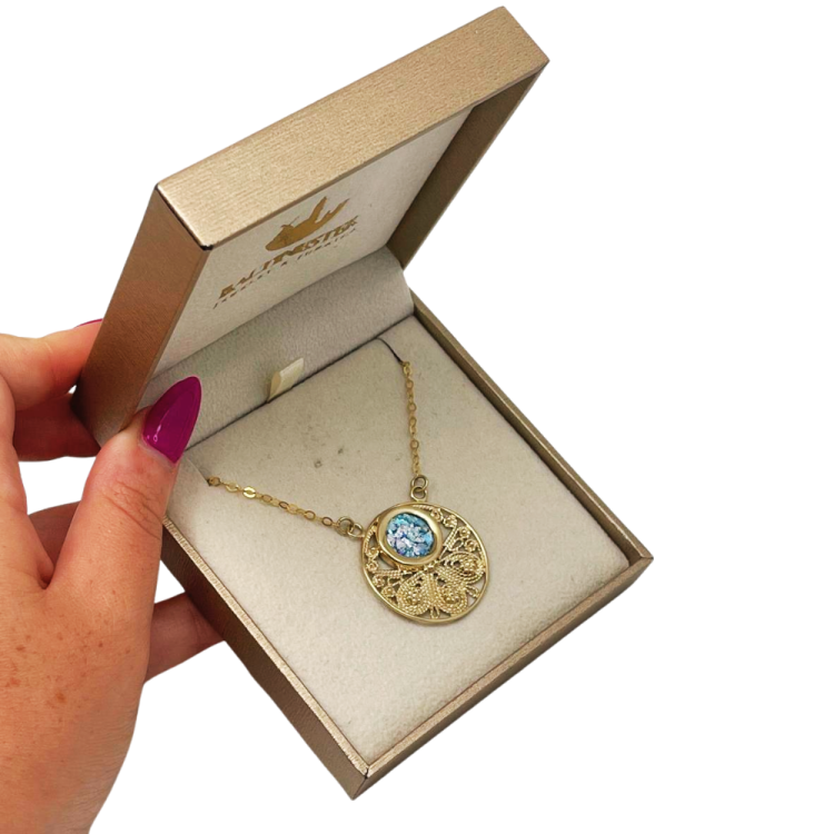 Roman Glass Round Pendant Necklace in 14K Gold Filigree Work