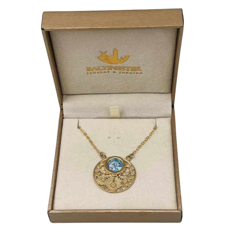 Roman Glass Round Pendant Necklace in 14K Gold Filigree Work