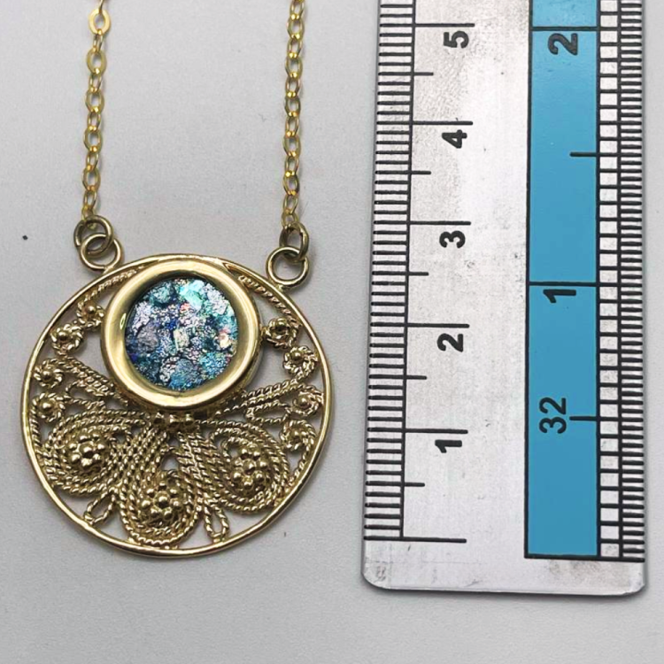 Roman Glass Round Pendant Necklace in 14K Gold Filigree Work