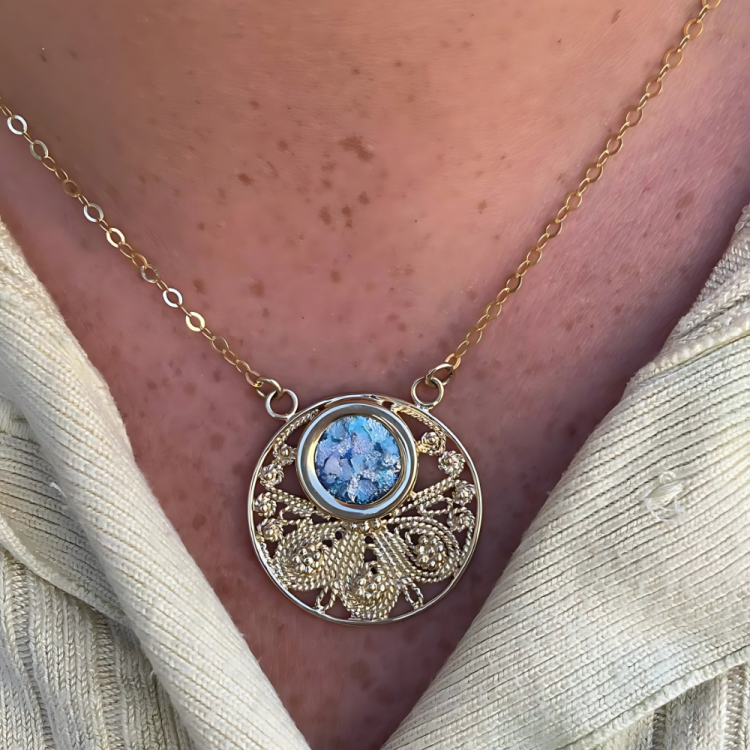 Roman Glass Round Pendant Necklace in 14K Gold Filigree Work