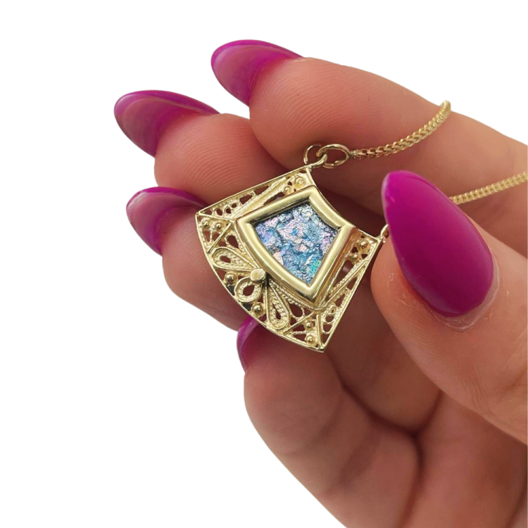 Roman Glass Trapezoid Pendant Necklace in 14K Gold Filigree Work