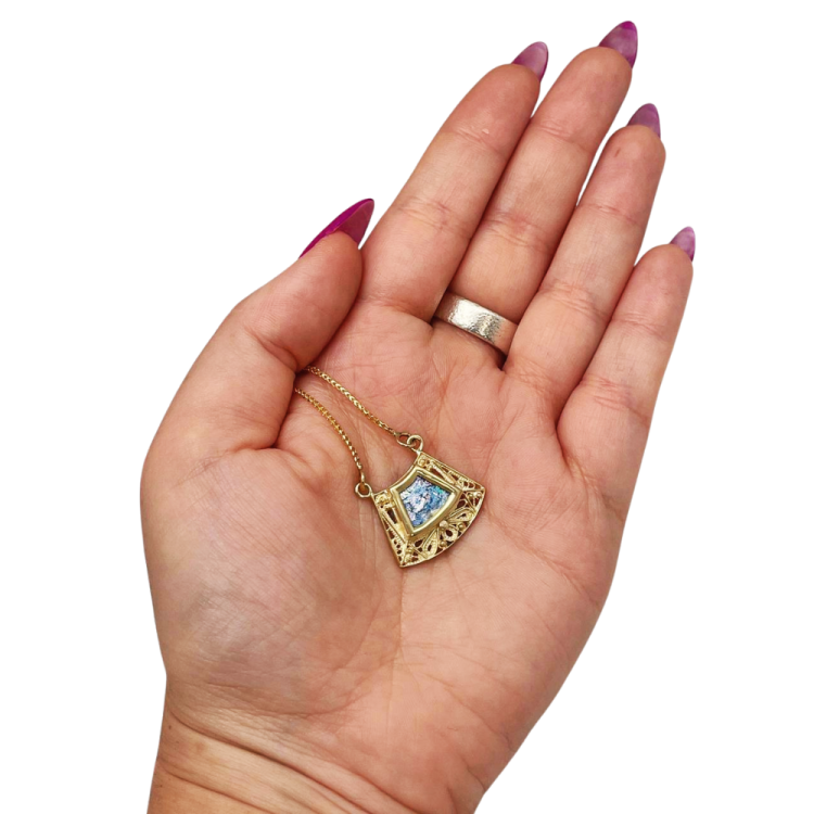 Roman Glass Trapezoid Pendant Necklace in 14K Gold Filigree Work