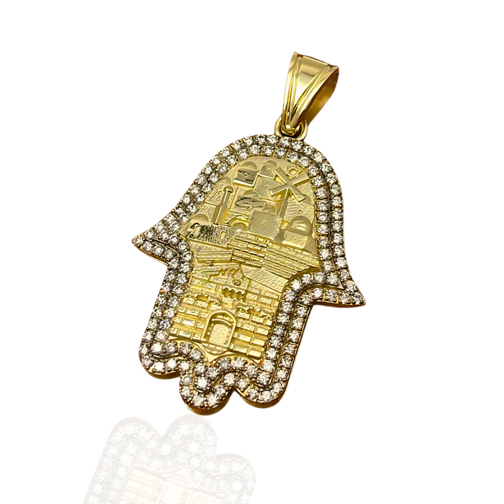 Large 14K Gold Hamsa Pendant with Jerusalem Skyline & 1.22 CT Diamonds – "Am Yisrael Chai" Engraving
