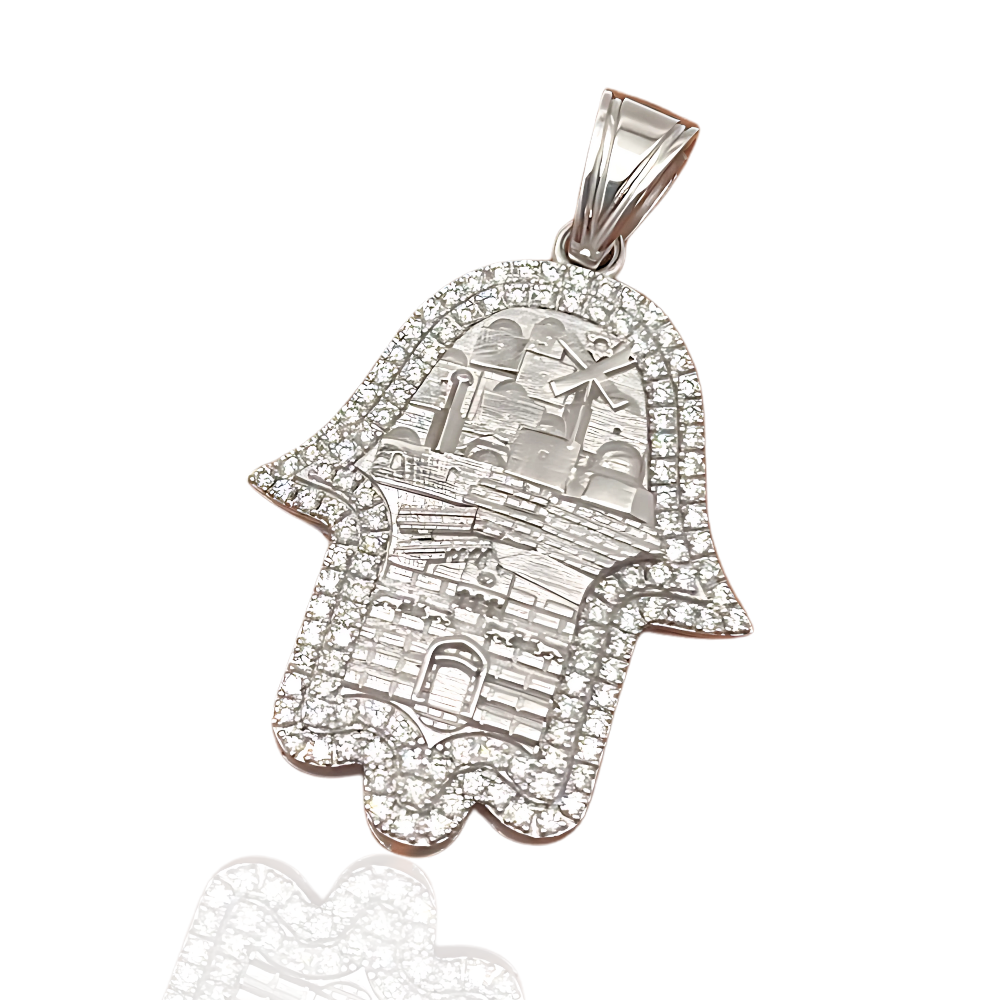 Large 14K Gold Hamsa Pendant with Jerusalem Skyline & 1.22 CT Diamonds – "Am Yisrael Chai" Engraving