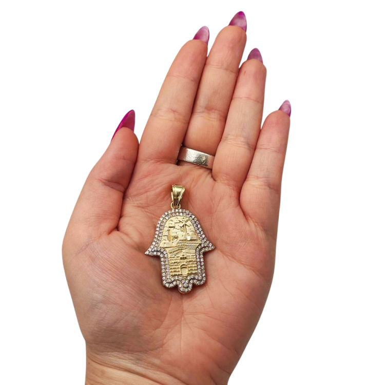 Large 14K Gold Hamsa Pendant with Jerusalem Skyline & 1.22 CT Diamonds – "Am Yisrael Chai" Engraving