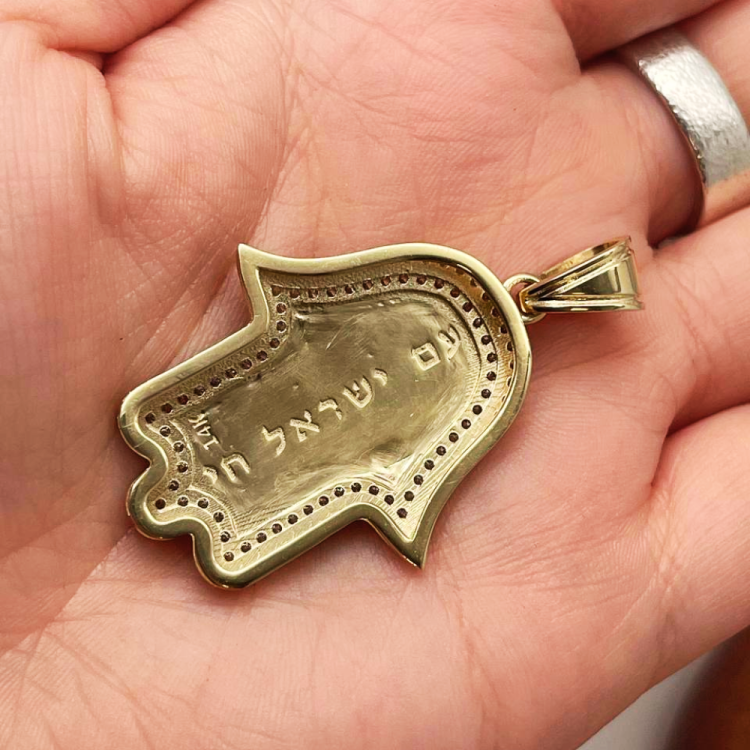 Large 14K Gold Hamsa Pendant with Jerusalem Skyline & 1.22 CT Diamonds – "Am Yisrael Chai" Engraving