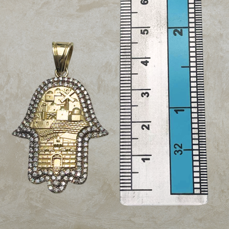 Large 14K Gold Hamsa Pendant with Jerusalem Skyline & 1.22 CT Diamonds – "Am Yisrael Chai" Engraving