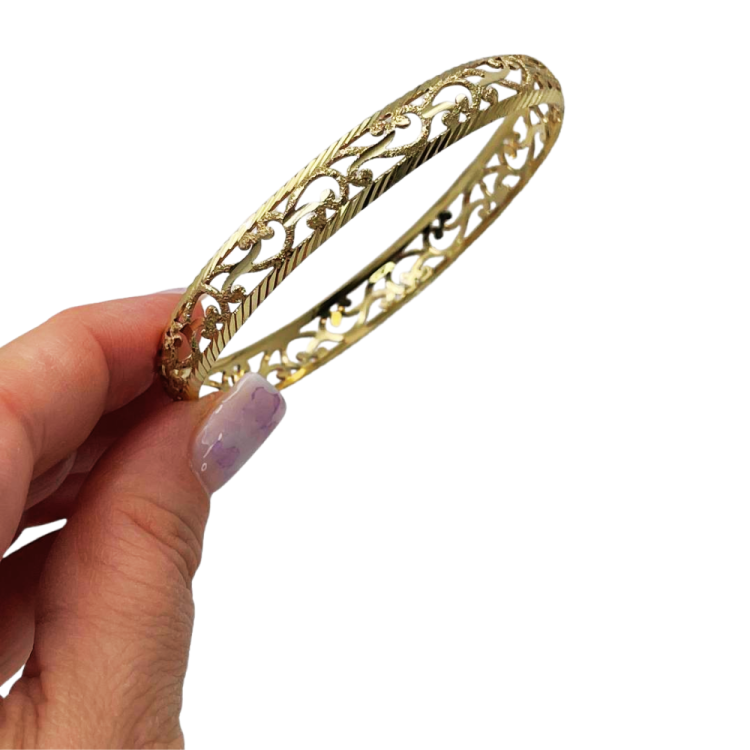 Modern Filigree Bangle with Laser Cut Edging in 14K Gold