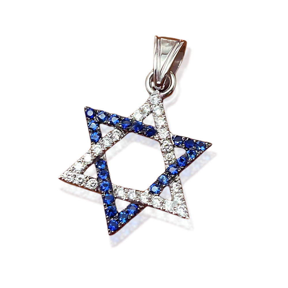 Star of David Pendant with Diamonds and Sapphires in 14K White Gold