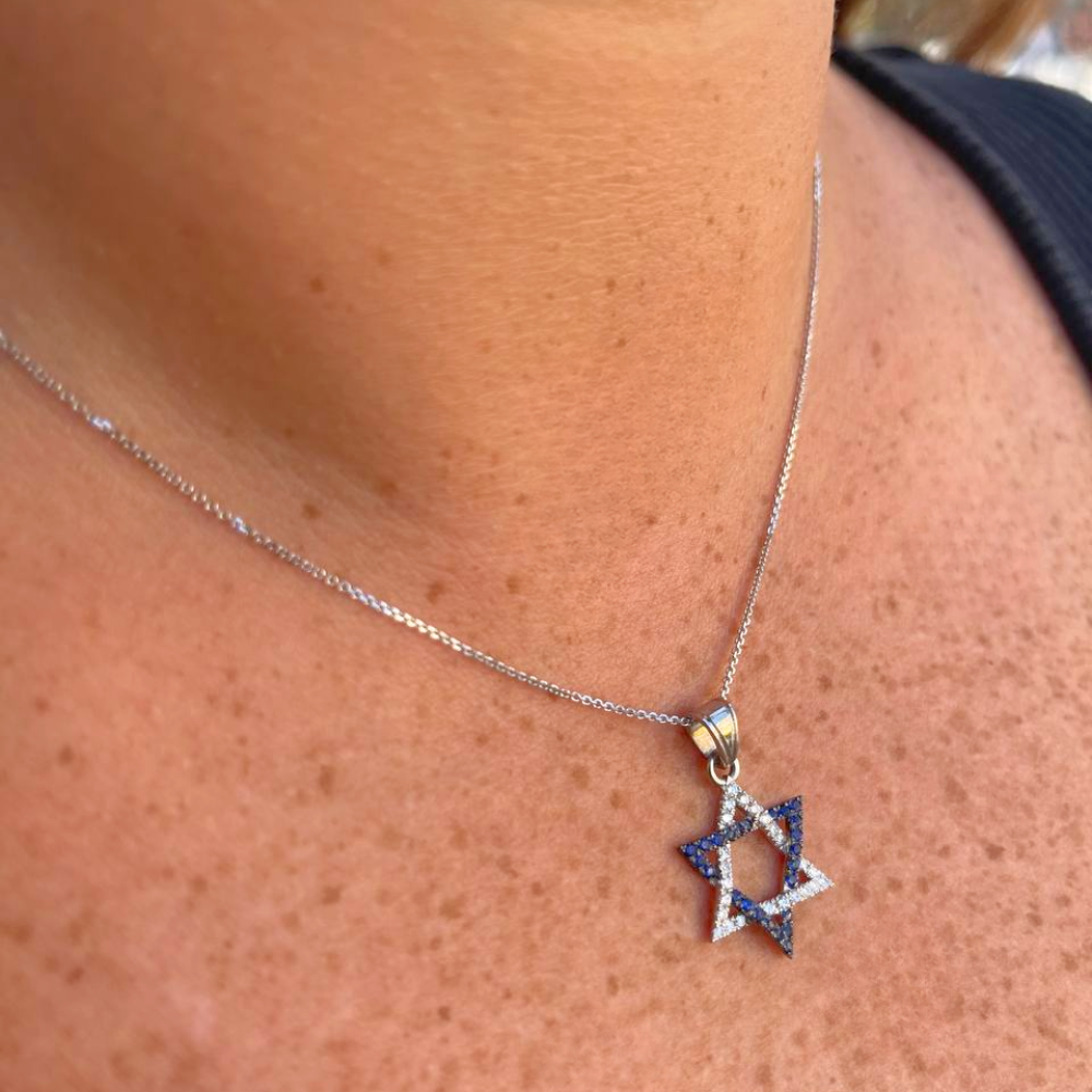 Star of David Pendant with Diamonds and Sapphires in 14K White Gold
