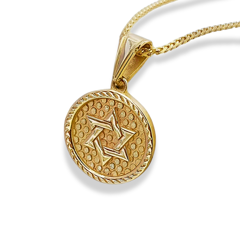 14K Gold Star of David Coin Style Pendant with Chain