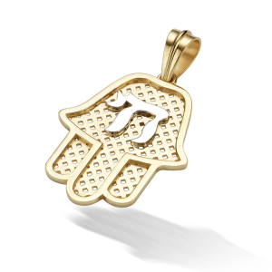 14K Two-Tone Gold Hamsa & Chai Pendant – Mesh Design, Large