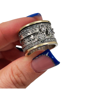 Custom Order - 3 Jewish Blessings Spinner Ring Size 10 in 9K Gold & Sterling Silver with CZ