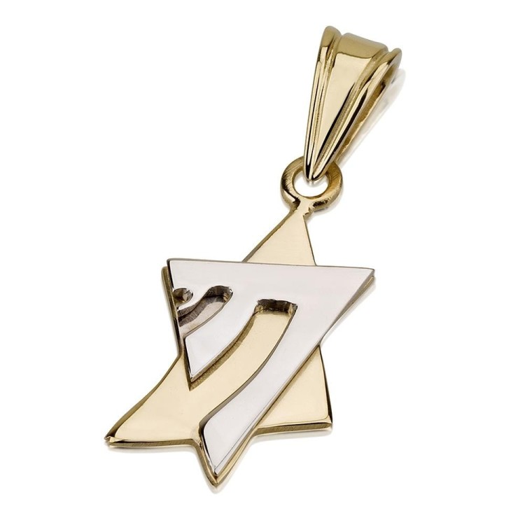 14K Gold Magen David & Chai Union Pendant
